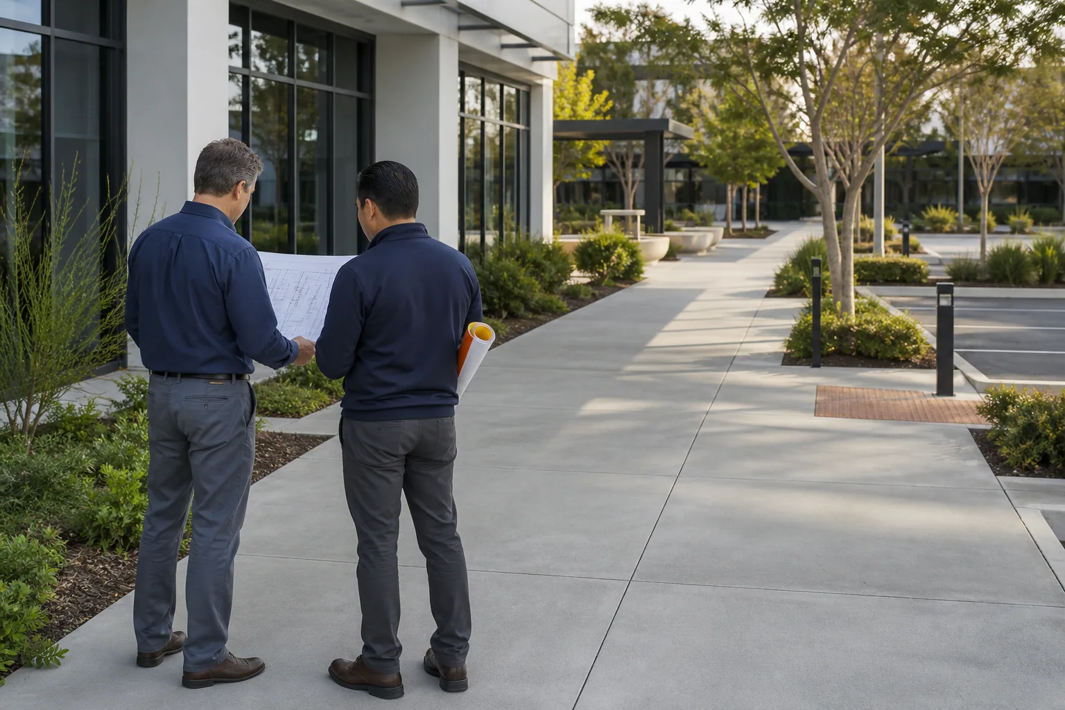 Representative facilities professionals reviewing a plan beside a commercial walkway