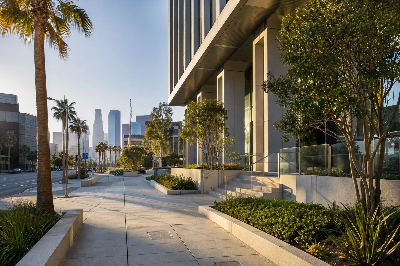 Wide concrete sidewalks connecting commercial buildings in Los Angeles