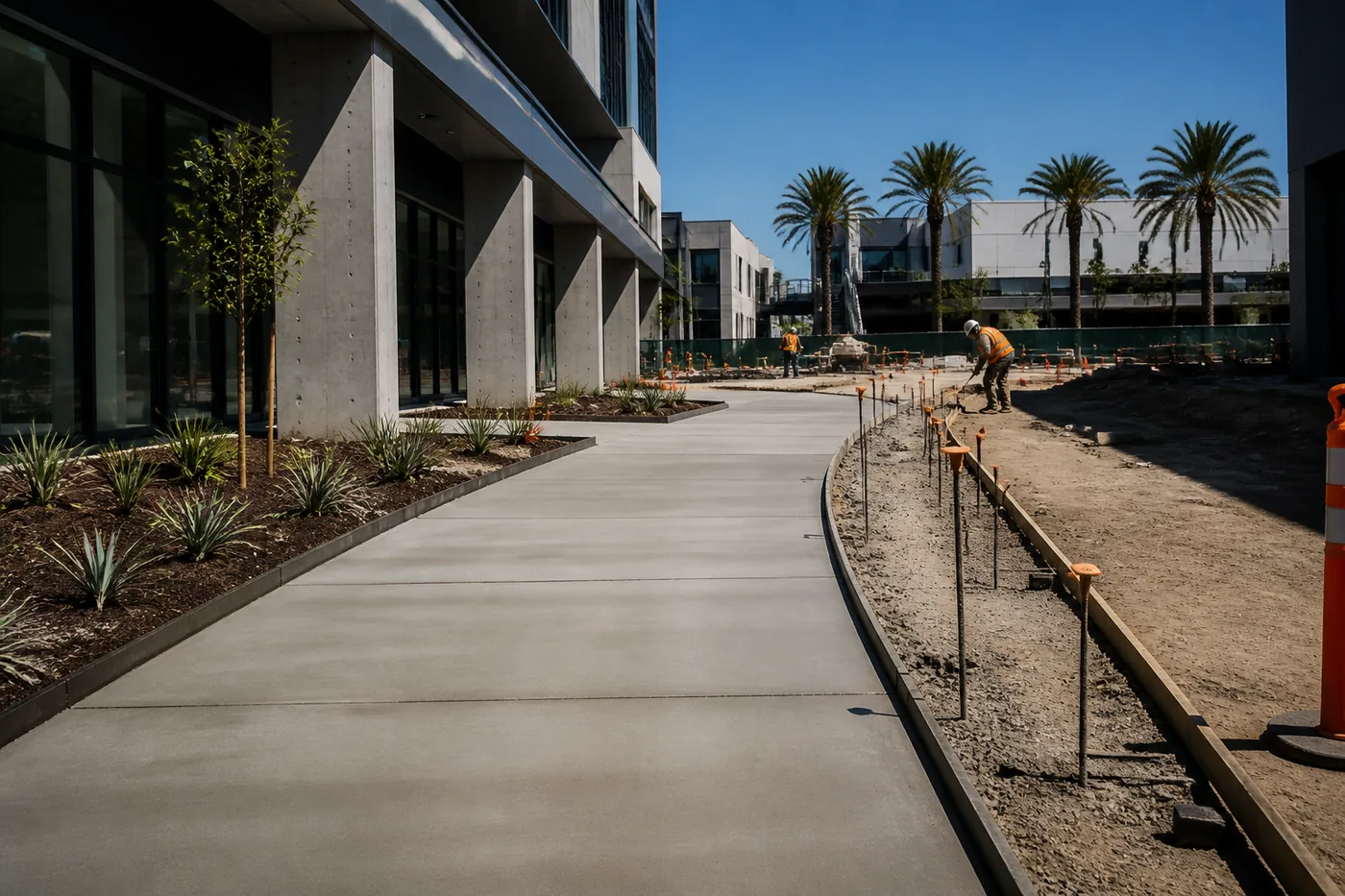 New concrete walkway installation at a commercial development